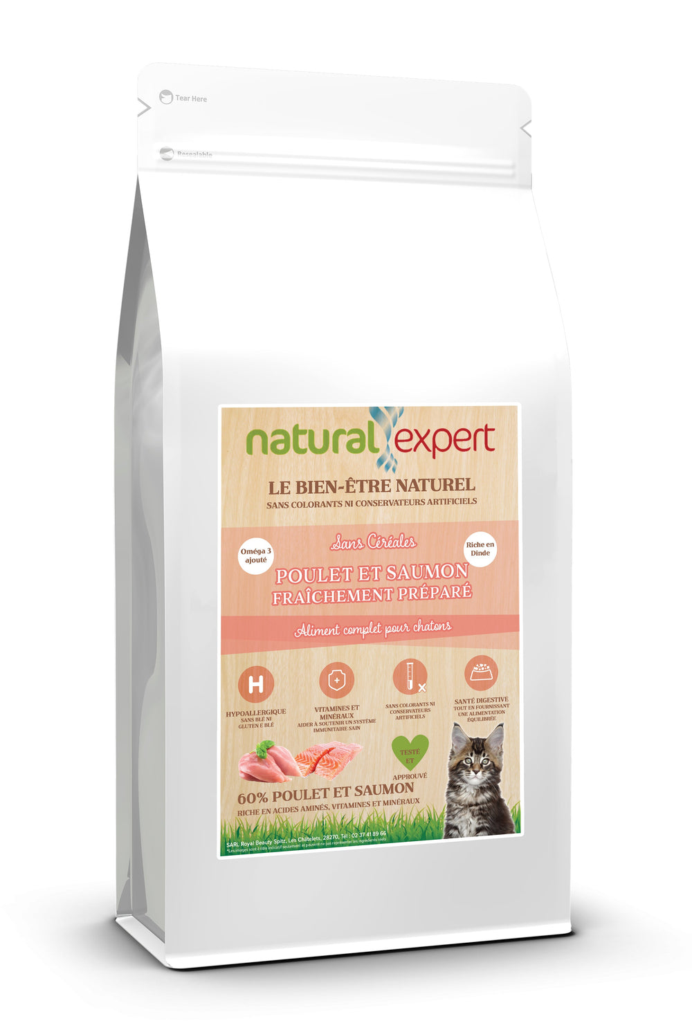 Croquettes NATURELLES Chatons 75% Poulet, et Saumon