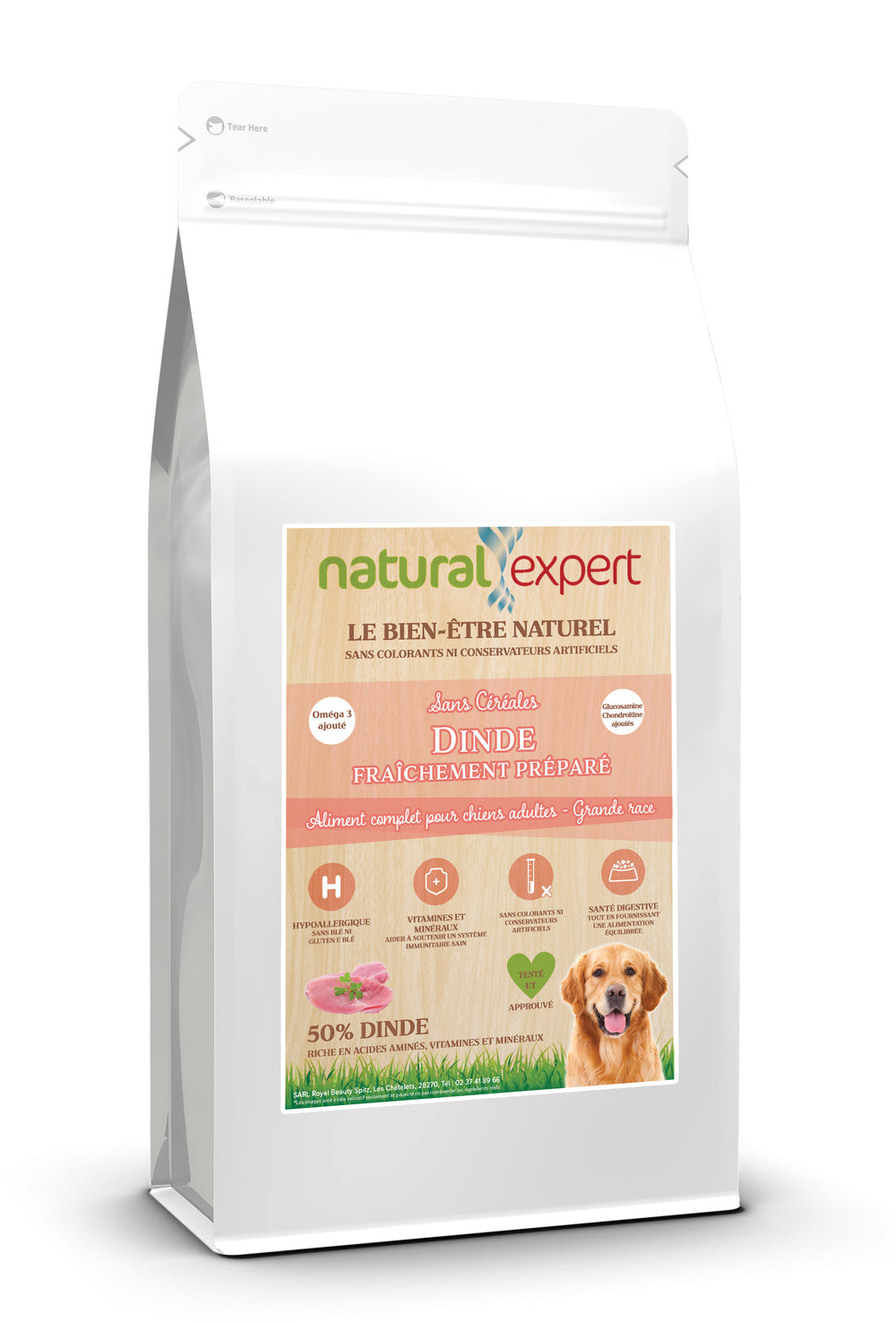 Croquettes NATURELLES chien race moyenne 50% Dinde