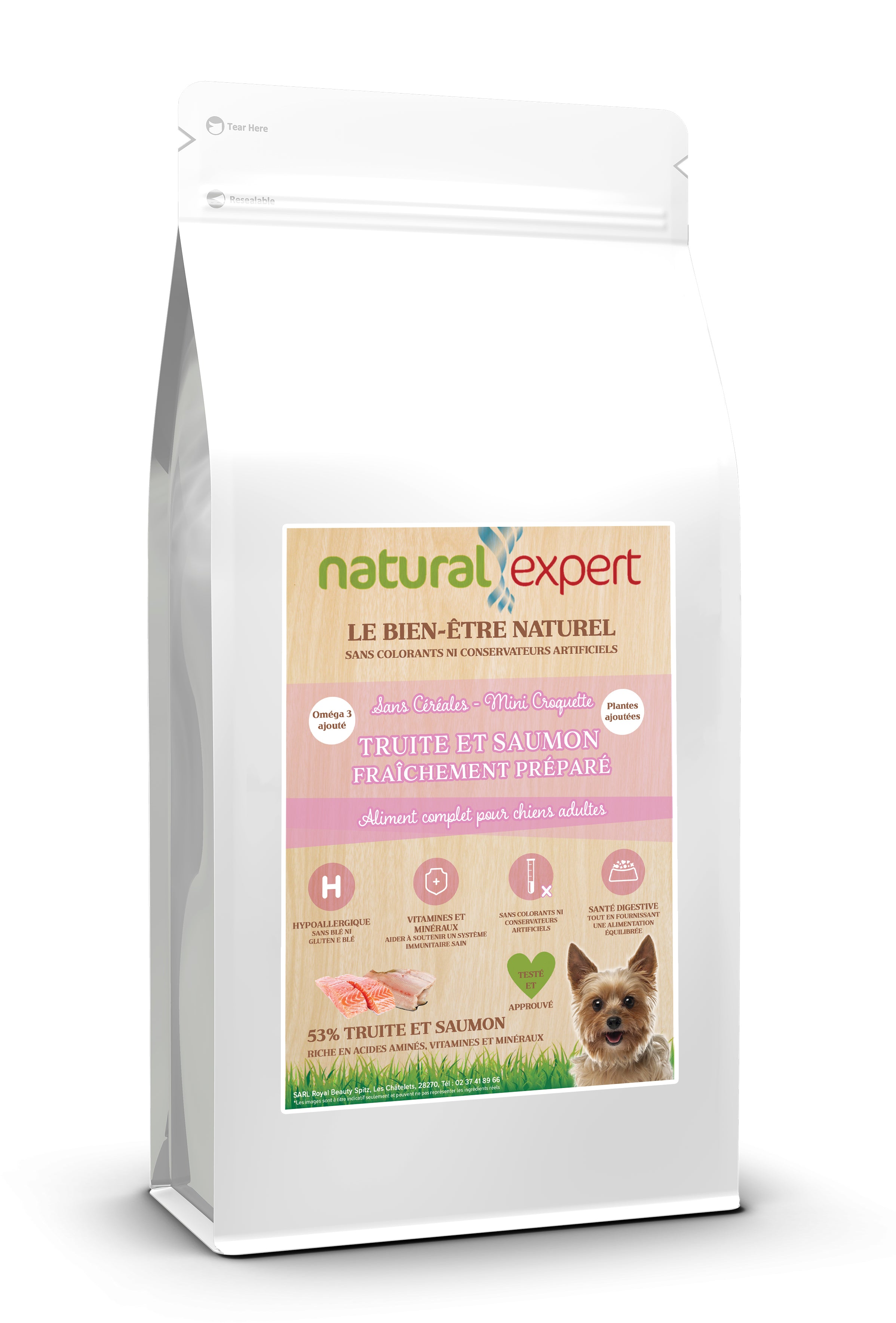 Croquettes NATURELLES Chien petite race 53% Truite & Saumon