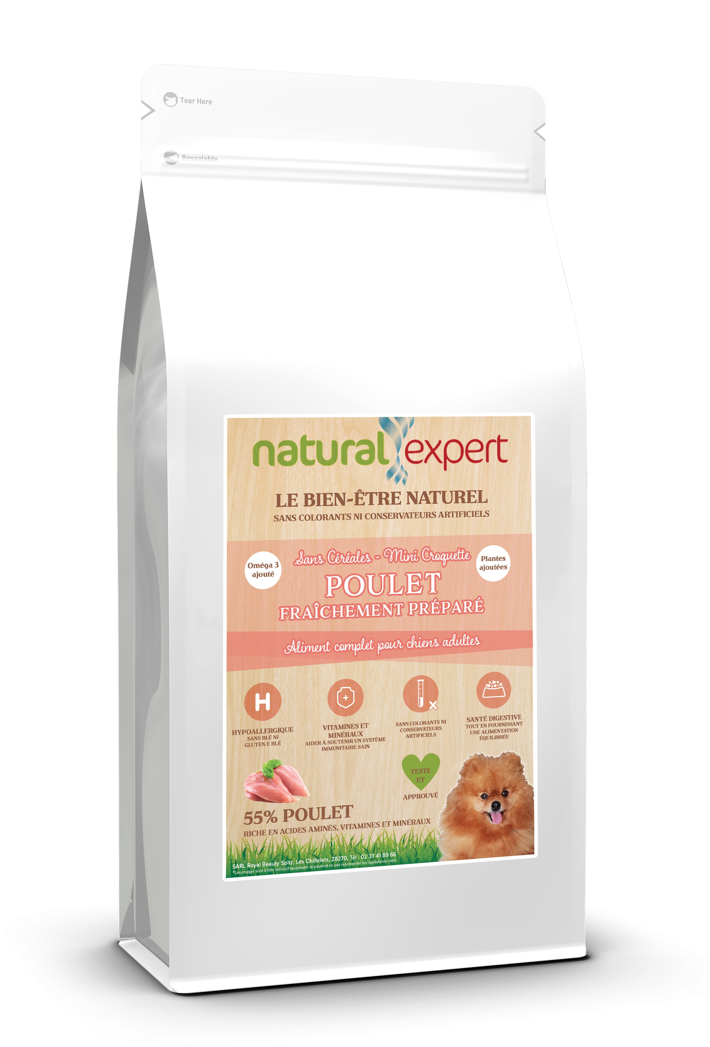 Croquettes NATURELLES Chien petite Race 55% Poulet