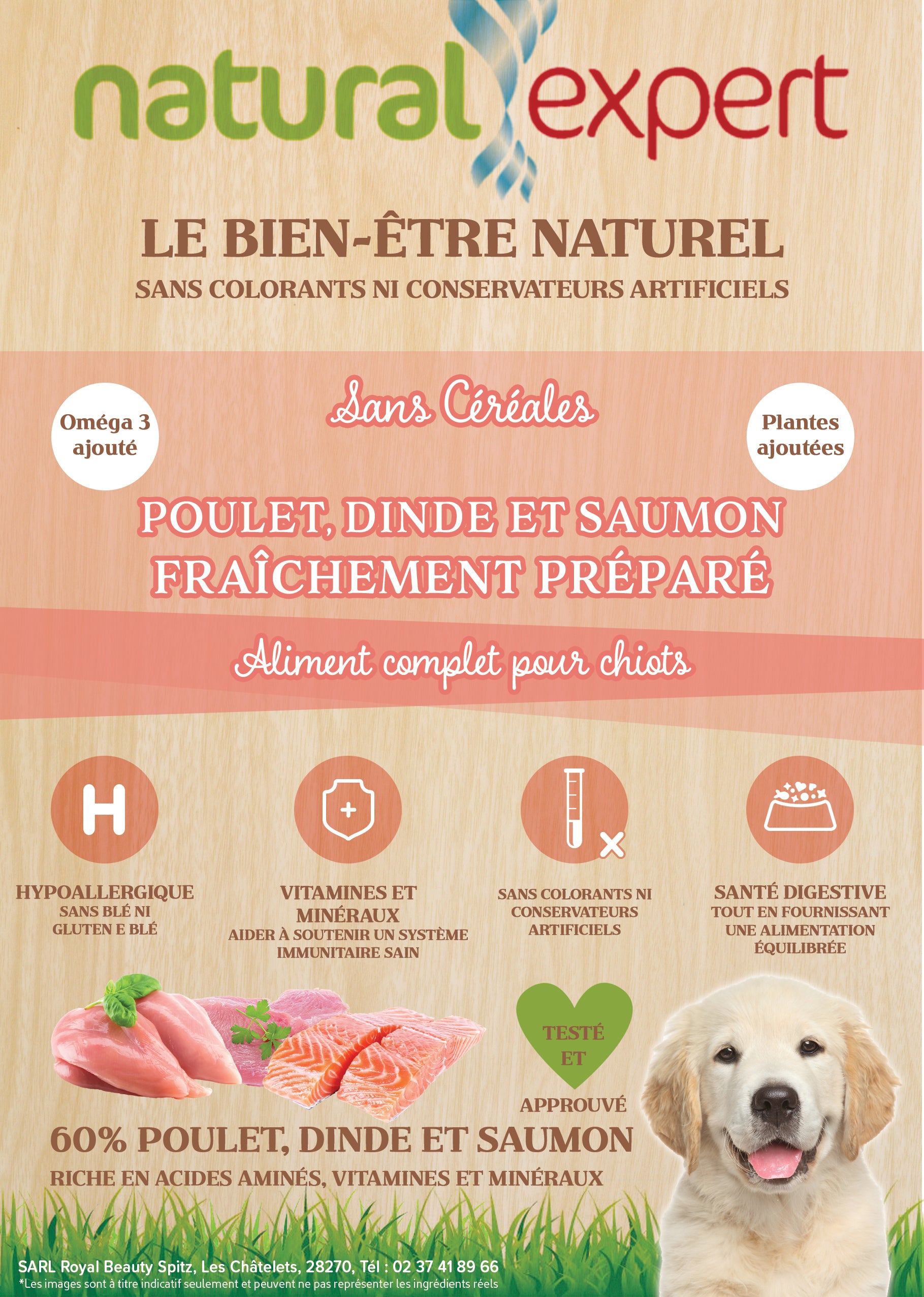 Croquettes NATURELLES spéciales Chiots 60% Poulet, Dinde et Saumon  6 kg